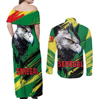 Senegal Couples Matching Off Shoulder Maxi Dress and Long Sleeve Button Shirt with Bold Eagle Graphic and Brushstroke Flag Colors Design - Wonder Print Shop