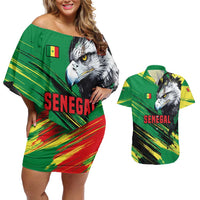 Senegal Couples Matching Off Shoulder Short Dress and Hawaiian Shirt with Bold Eagle Graphic and Brushstroke Flag Colors Design - Wonder Print Shop