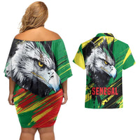 Senegal Couples Matching Off Shoulder Short Dress and Hawaiian Shirt with Bold Eagle Graphic and Brushstroke Flag Colors Design - Wonder Print Shop
