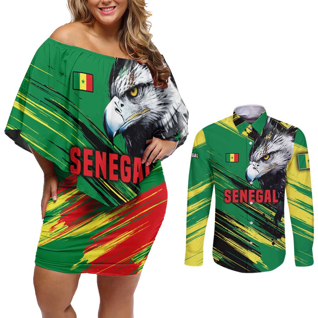 Senegal Couples Matching Off Shoulder Short Dress and Long Sleeve Button Shirt with Bold Eagle Graphic and Brushstroke Flag Colors Design - Wonder Print Shop