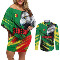 Senegal Couples Matching Off Shoulder Short Dress and Long Sleeve Button Shirt with Bold Eagle Graphic and Brushstroke Flag Colors Design - Wonder Print Shop