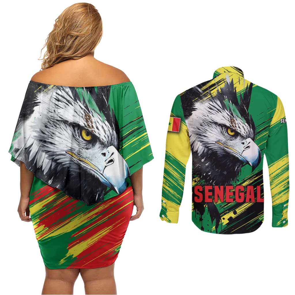 Senegal Couples Matching Off Shoulder Short Dress and Long Sleeve Button Shirt with Bold Eagle Graphic and Brushstroke Flag Colors Design - Wonder Print Shop