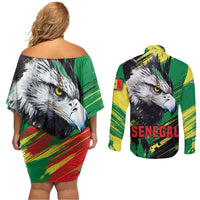 Senegal Couples Matching Off Shoulder Short Dress and Long Sleeve Button Shirt with Bold Eagle Graphic and Brushstroke Flag Colors Design - Wonder Print Shop