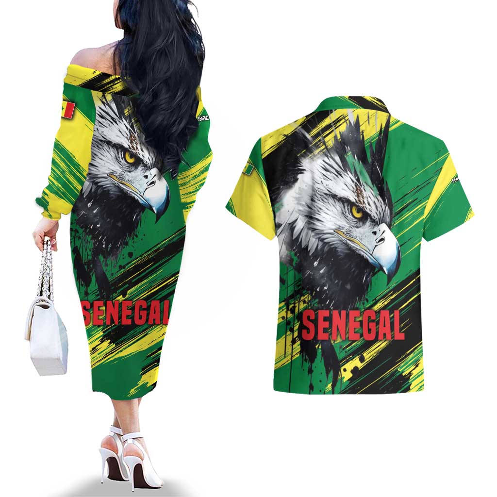 Senegal Couples Matching Off The Shoulder Long Sleeve Dress and Hawaiian Shirt with Bold Eagle Graphic and Brushstroke Flag Colors Design - Wonder Print Shop