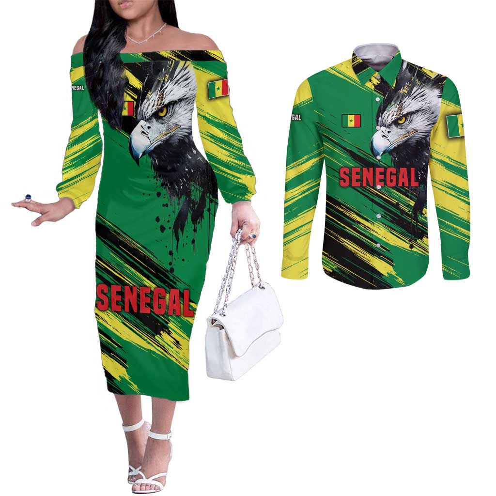 Senegal Couples Matching Off The Shoulder Long Sleeve Dress and Long Sleeve Button Shirt with Bold Eagle Graphic and Brushstroke Flag Colors Design - Wonder Print Shop