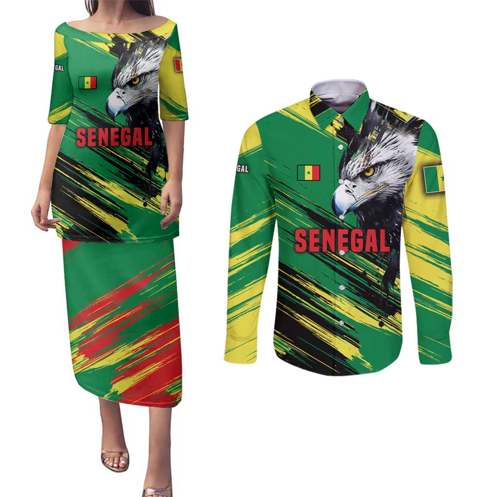 Senegal Couples Matching Puletasi and Long Sleeve Button Shirt with Bold Eagle Graphic and Brushstroke Flag Colors Design - Wonder Print Shop