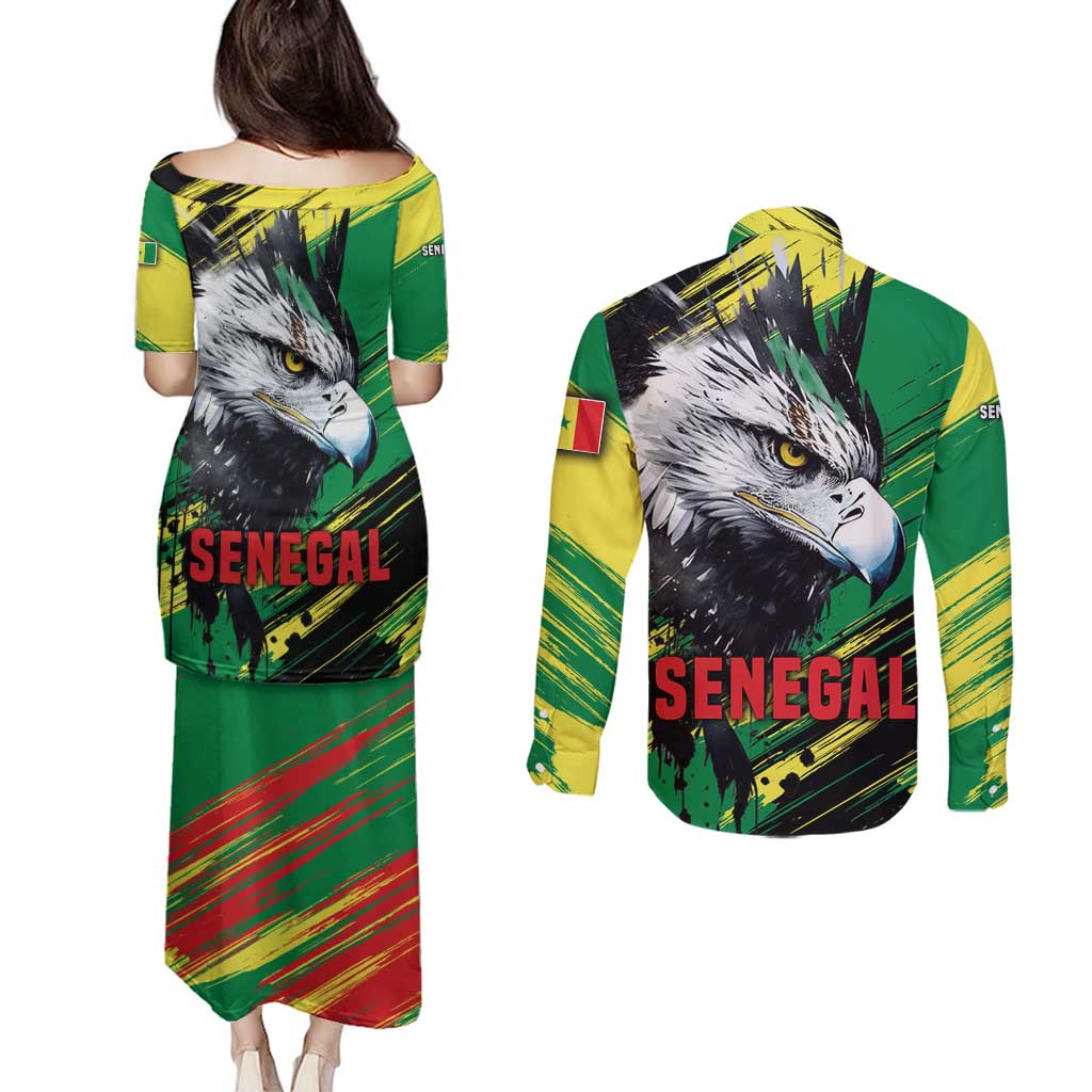 Senegal Couples Matching Puletasi and Long Sleeve Button Shirt with Bold Eagle Graphic and Brushstroke Flag Colors Design - Wonder Print Shop
