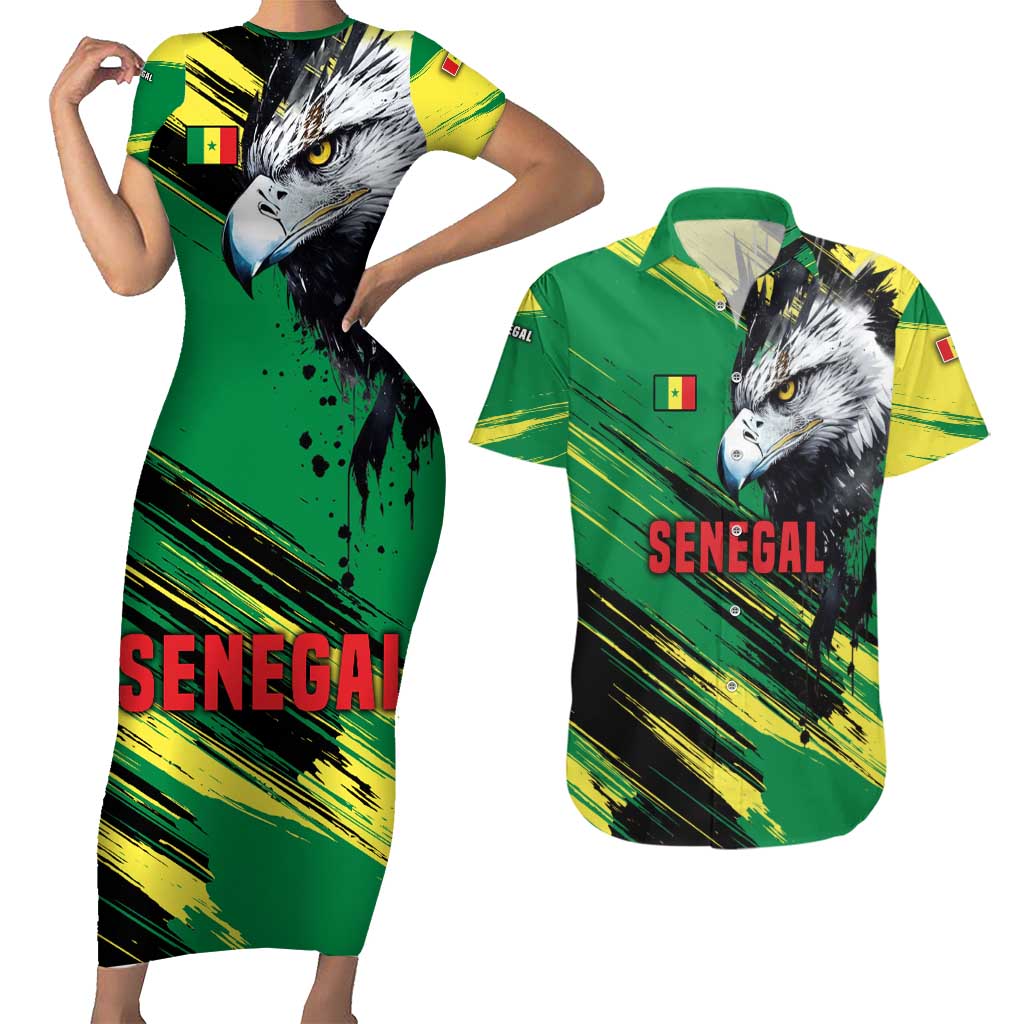Senegal Couples Matching Short Sleeve Bodycon Dress and Hawaiian Shirt with Bold Eagle Graphic and Brushstroke Flag Colors Design - Wonder Print Shop