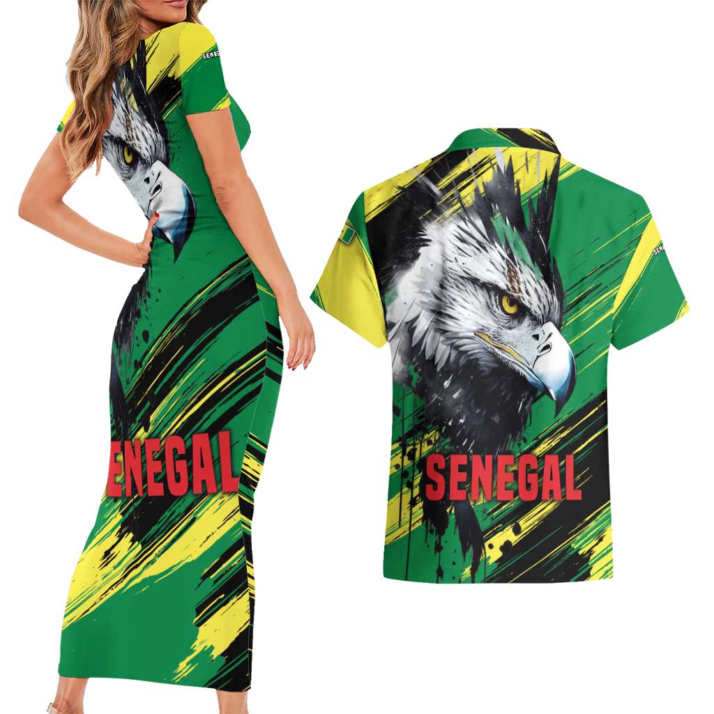 Senegal Couples Matching Short Sleeve Bodycon Dress and Hawaiian Shirt with Bold Eagle Graphic and Brushstroke Flag Colors Design - Wonder Print Shop