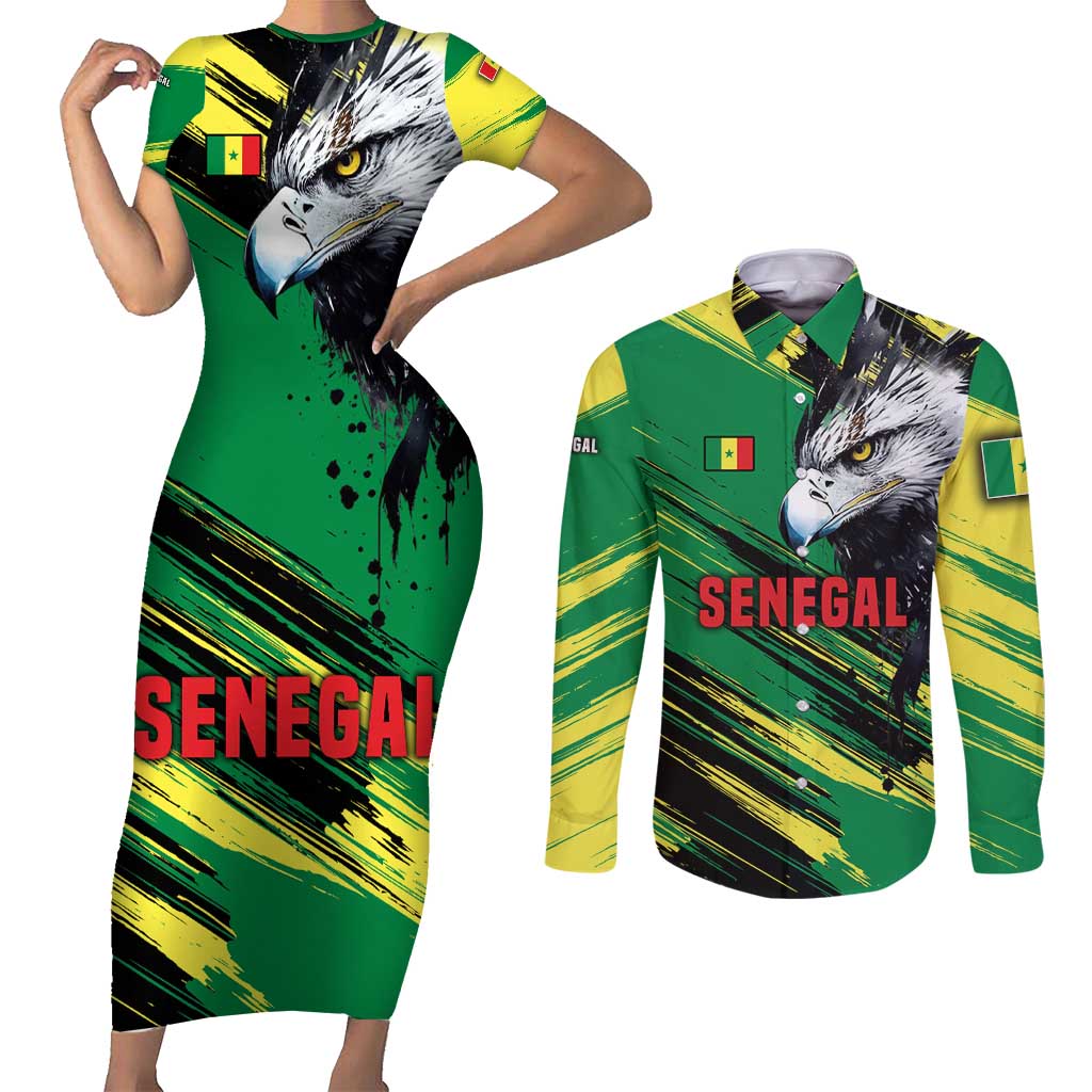 Senegal Couples Matching Short Sleeve Bodycon Dress and Long Sleeve Button Shirt with Bold Eagle Graphic and Brushstroke Flag Colors Design - Wonder Print Shop