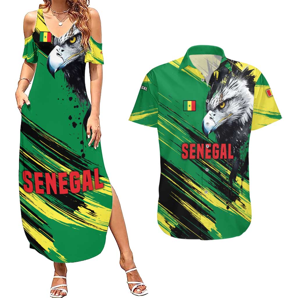 Senegal Couples Matching Summer Maxi Dress and Hawaiian Shirt with Bold Eagle Graphic and Brushstroke Flag Colors Design - Wonder Print Shop