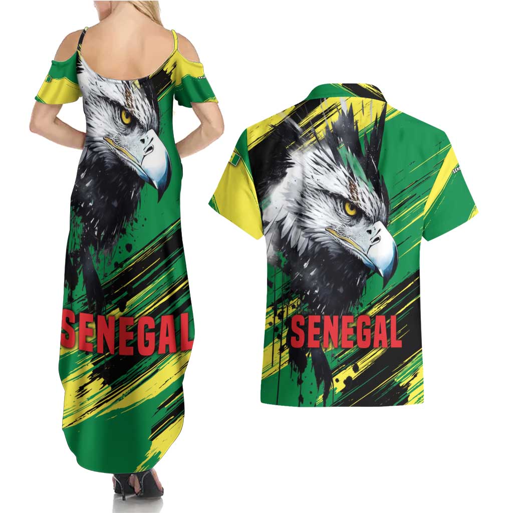 Senegal Couples Matching Summer Maxi Dress and Hawaiian Shirt with Bold Eagle Graphic and Brushstroke Flag Colors Design - Wonder Print Shop