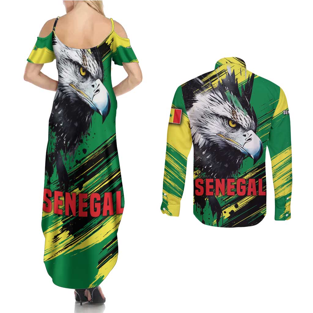 Senegal Couples Matching Summer Maxi Dress and Long Sleeve Button Shirt with Bold Eagle Graphic and Brushstroke Flag Colors Design - Wonder Print Shop