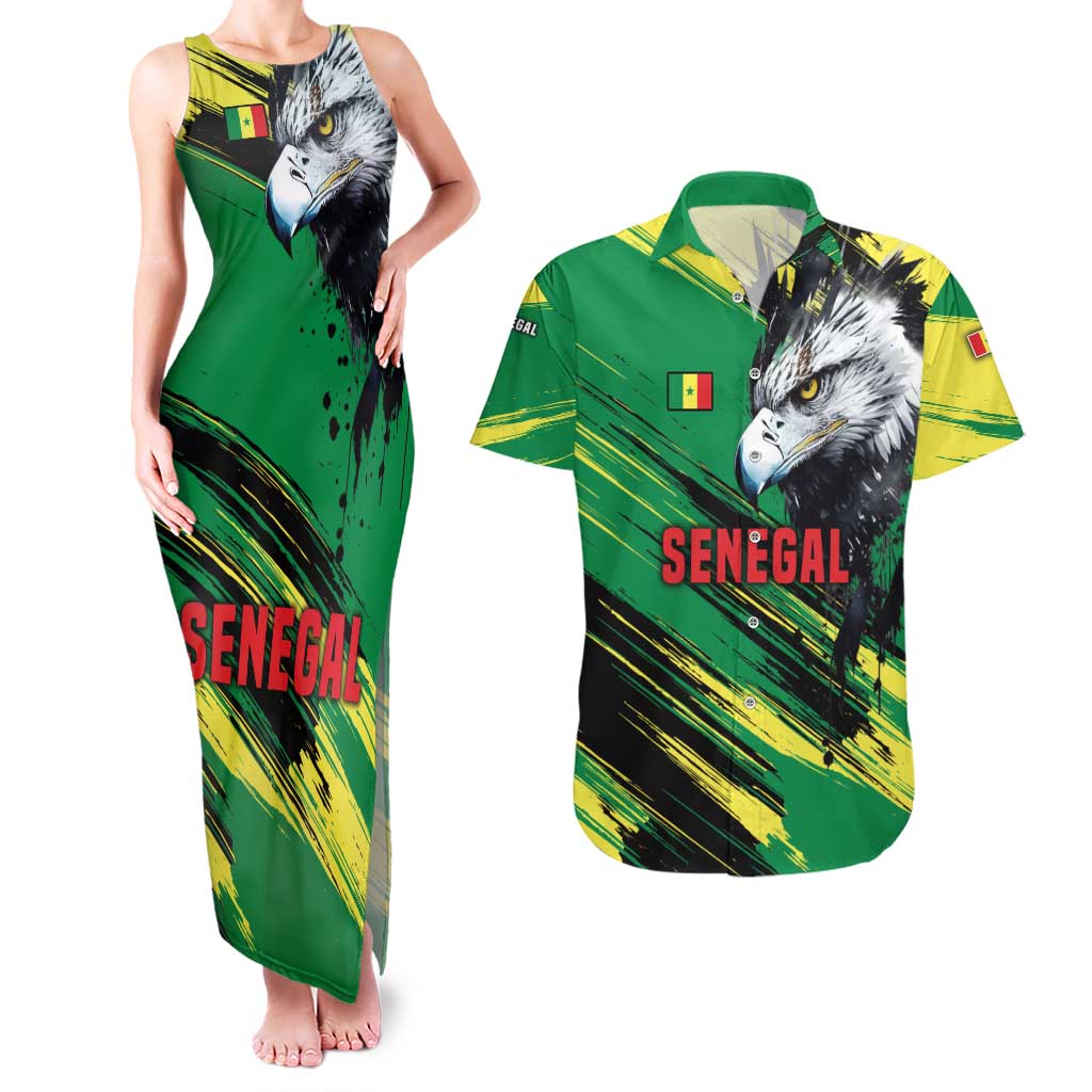 Senegal Couples Matching Tank Maxi Dress and Hawaiian Shirt with Bold Eagle Graphic and Brushstroke Flag Colors Design - Wonder Print Shop
