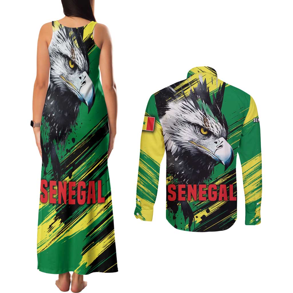 Senegal Couples Matching Tank Maxi Dress and Long Sleeve Button Shirt with Bold Eagle Graphic and Brushstroke Flag Colors Design - Wonder Print Shop