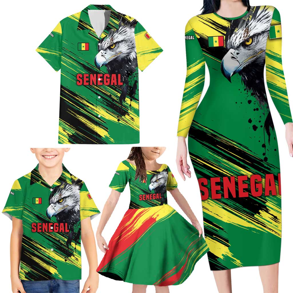 Senegal Family Matching Long Sleeve Bodycon Dress and Hawaiian Shirt with Bold Eagle Graphic and Brushstroke Flag Colors Design - Wonder Print Shop