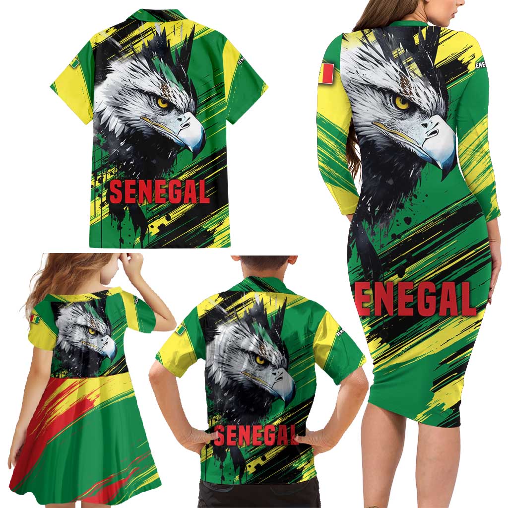Senegal Family Matching Long Sleeve Bodycon Dress and Hawaiian Shirt with Bold Eagle Graphic and Brushstroke Flag Colors Design - Wonder Print Shop