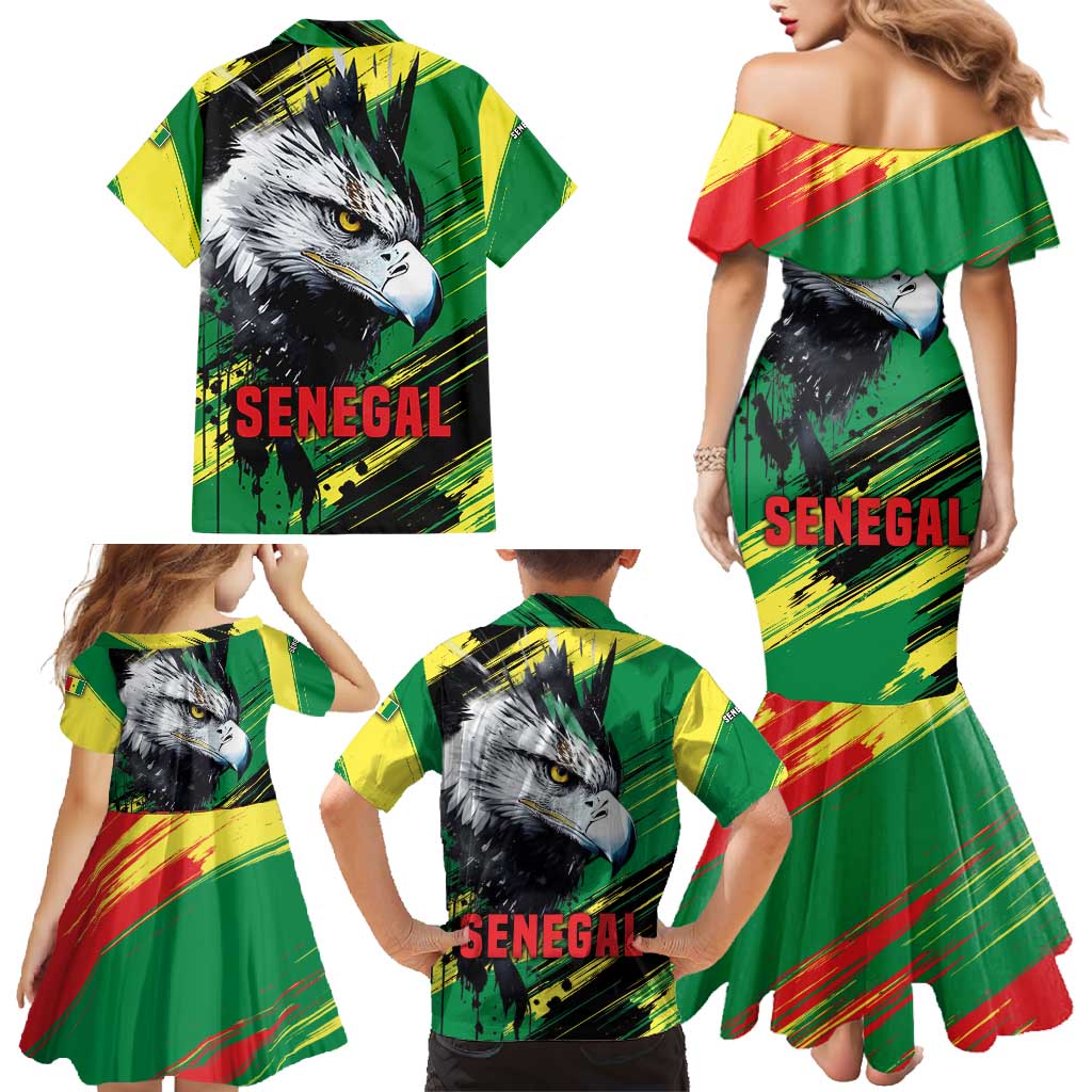 Senegal Family Matching Mermaid Dress and Hawaiian Shirt with Bold Eagle Graphic and Brushstroke Flag Colors Design - Wonder Print Shop