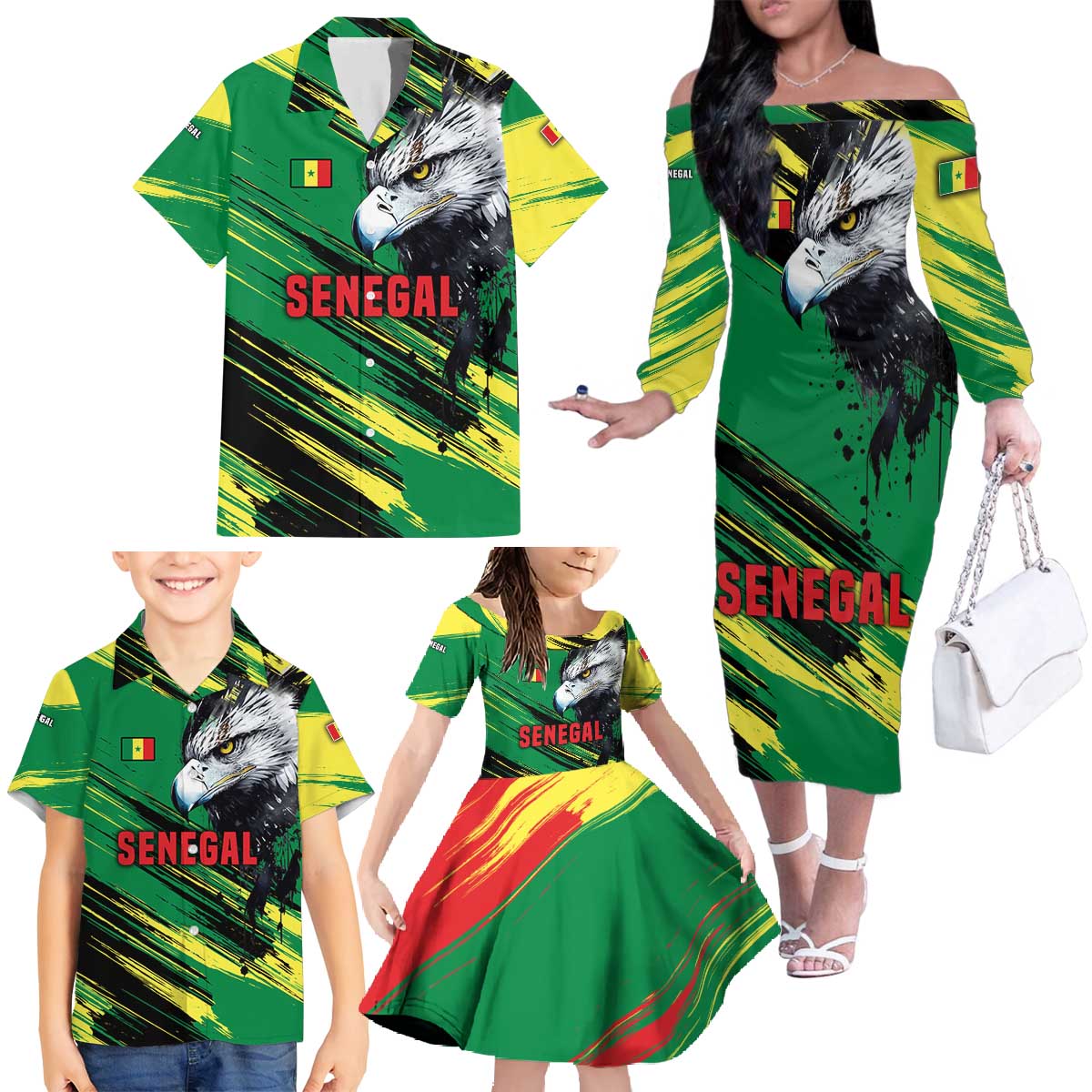 Senegal Family Matching Off The Shoulder Long Sleeve Dress and Hawaiian Shirt with Bold Eagle Graphic and Brushstroke Flag Colors Design - Wonder Print Shop