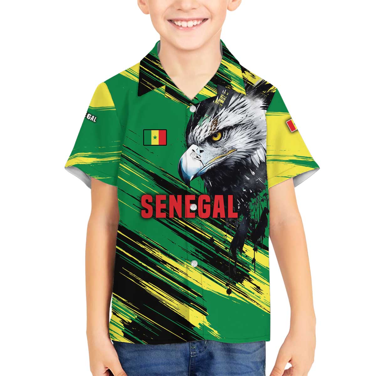Senegal Family Matching Off The Shoulder Long Sleeve Dress and Hawaiian Shirt with Bold Eagle Graphic and Brushstroke Flag Colors Design - Wonder Print Shop