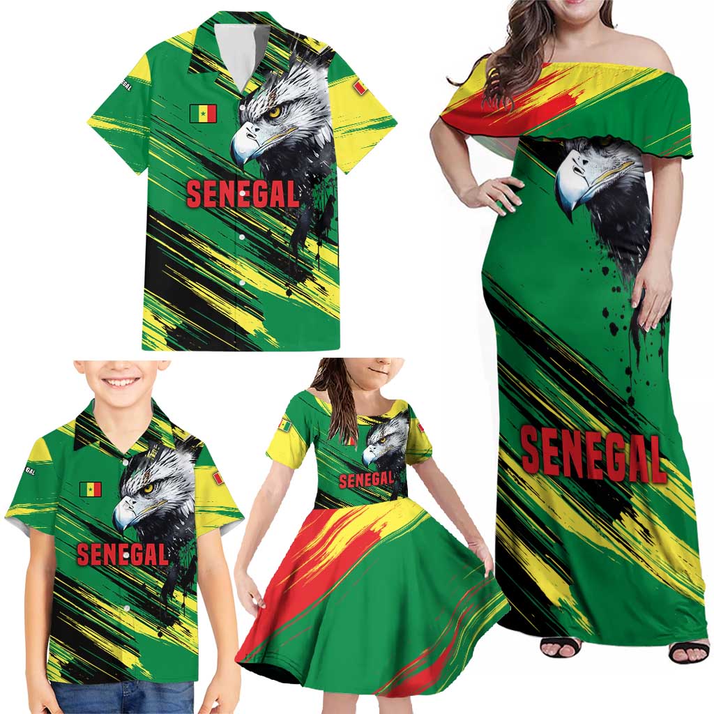 Senegal Family Matching Off Shoulder Maxi Dress and Hawaiian Shirt with Bold Eagle Graphic and Brushstroke Flag Colors Design - Wonder Print Shop