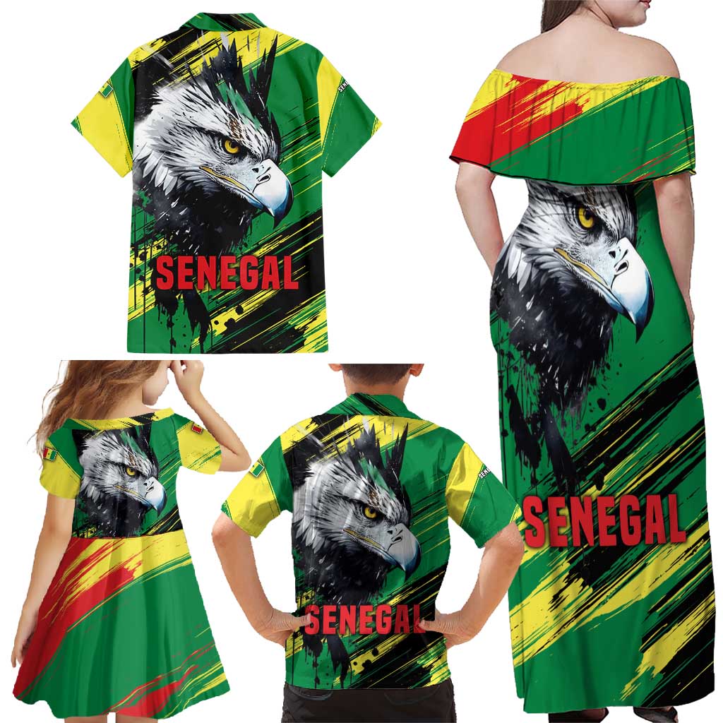 Senegal Family Matching Off Shoulder Maxi Dress and Hawaiian Shirt with Bold Eagle Graphic and Brushstroke Flag Colors Design - Wonder Print Shop