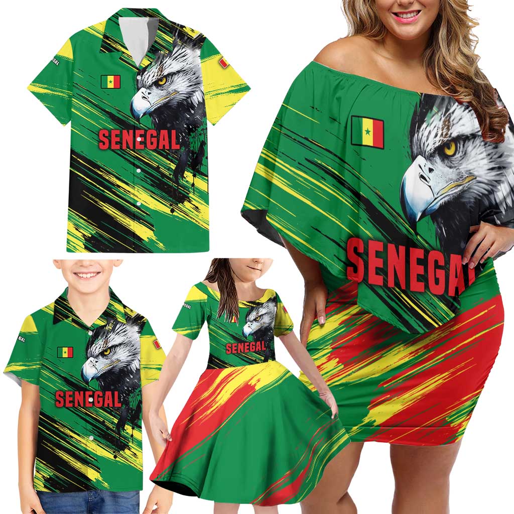 Senegal Family Matching Off Shoulder Short Dress and Hawaiian Shirt with Bold Eagle Graphic and Brushstroke Flag Colors Design - Wonder Print Shop