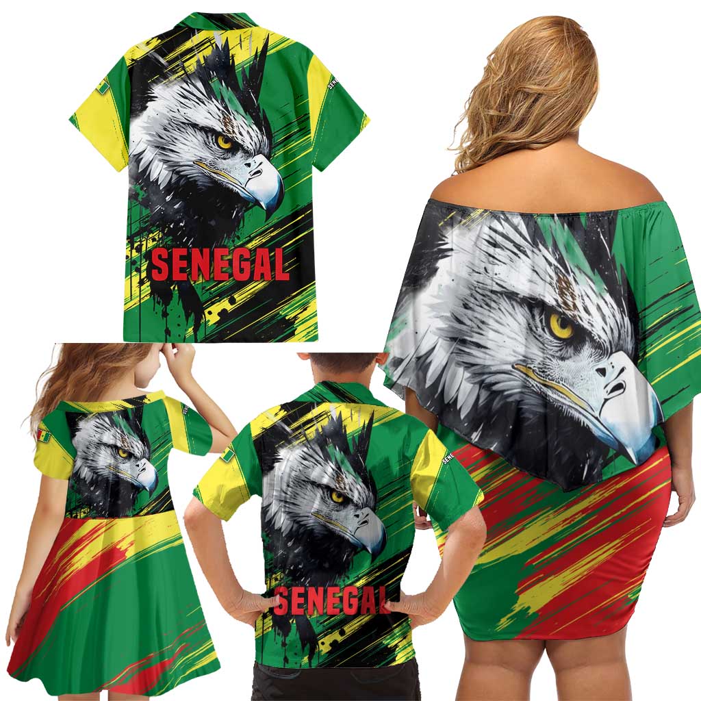 Senegal Family Matching Off Shoulder Short Dress and Hawaiian Shirt with Bold Eagle Graphic and Brushstroke Flag Colors Design - Wonder Print Shop