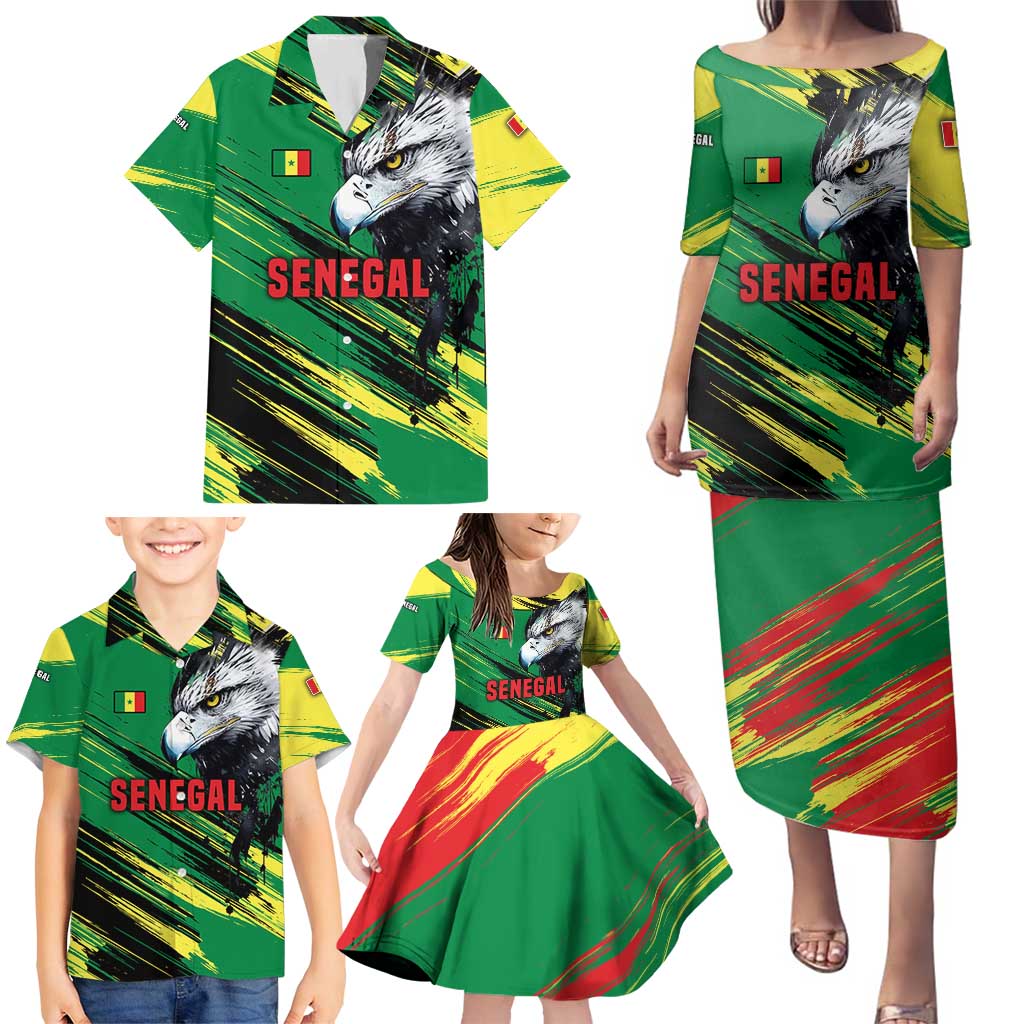 Senegal Family Matching Puletasi and Hawaiian Shirt with Bold Eagle Graphic and Brushstroke Flag Colors Design - Wonder Print Shop