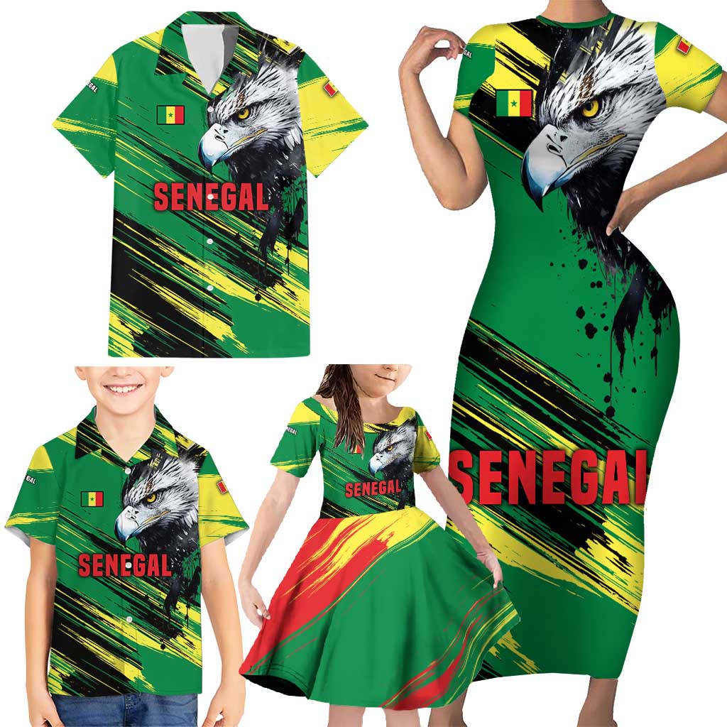 Senegal Family Matching Short Sleeve Bodycon Dress and Hawaiian Shirt with Bold Eagle Graphic and Brushstroke Flag Colors Design - Wonder Print Shop