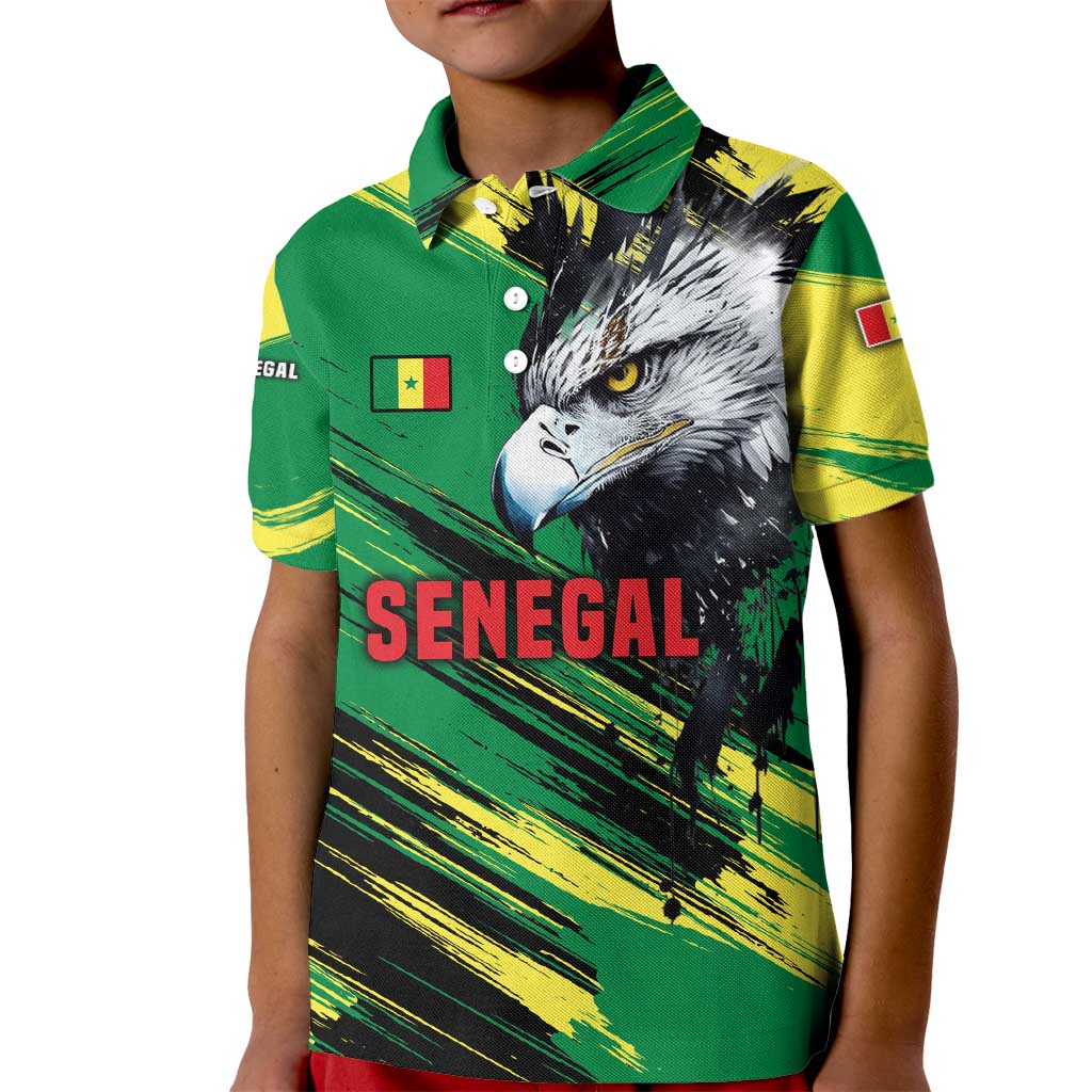 Senegal Kid Polo Shirt with Bold Eagle Graphic and Brushstroke Flag Colors Design - Wonder Print Shop