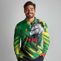 Senegal Long Sleeve Polo Shirt with Bold Eagle Graphic and Brushstroke Flag Colors Design - Wonder Print Shop