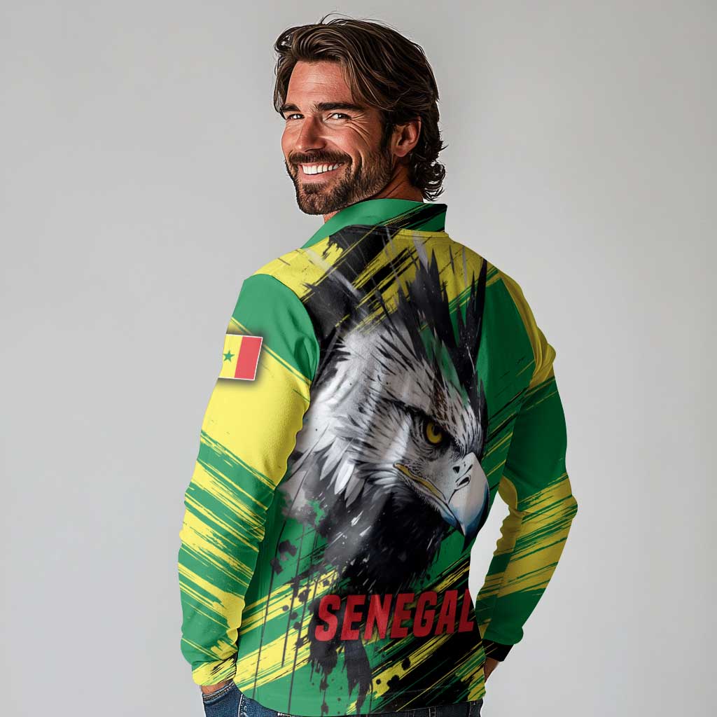 Senegal Long Sleeve Polo Shirt with Bold Eagle Graphic and Brushstroke Flag Colors Design - Wonder Print Shop