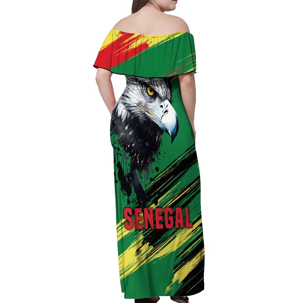 Senegal Off Shoulder Maxi Dress with Bold Eagle Graphic and Brushstroke Flag Colors Design - Wonder Print Shop