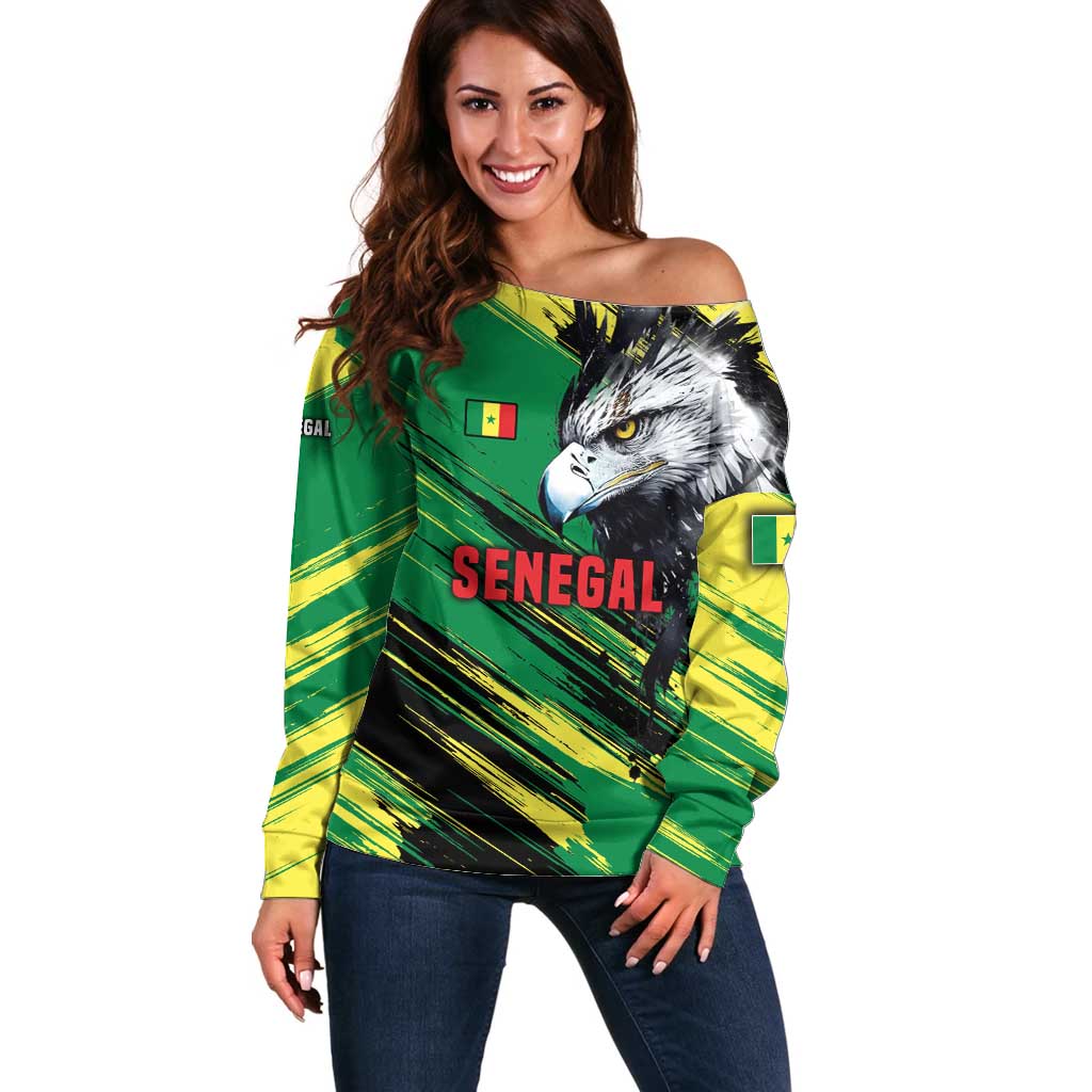 Senegal Off Shoulder Sweater with Bold Eagle Graphic and Brushstroke Flag Colors Design - Wonder Print Shop