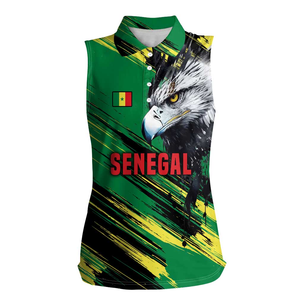 Senegal Women Sleeveless Polo Shirt with Bold Eagle Graphic and Brushstroke Flag Colors Design - Wonder Print Shop