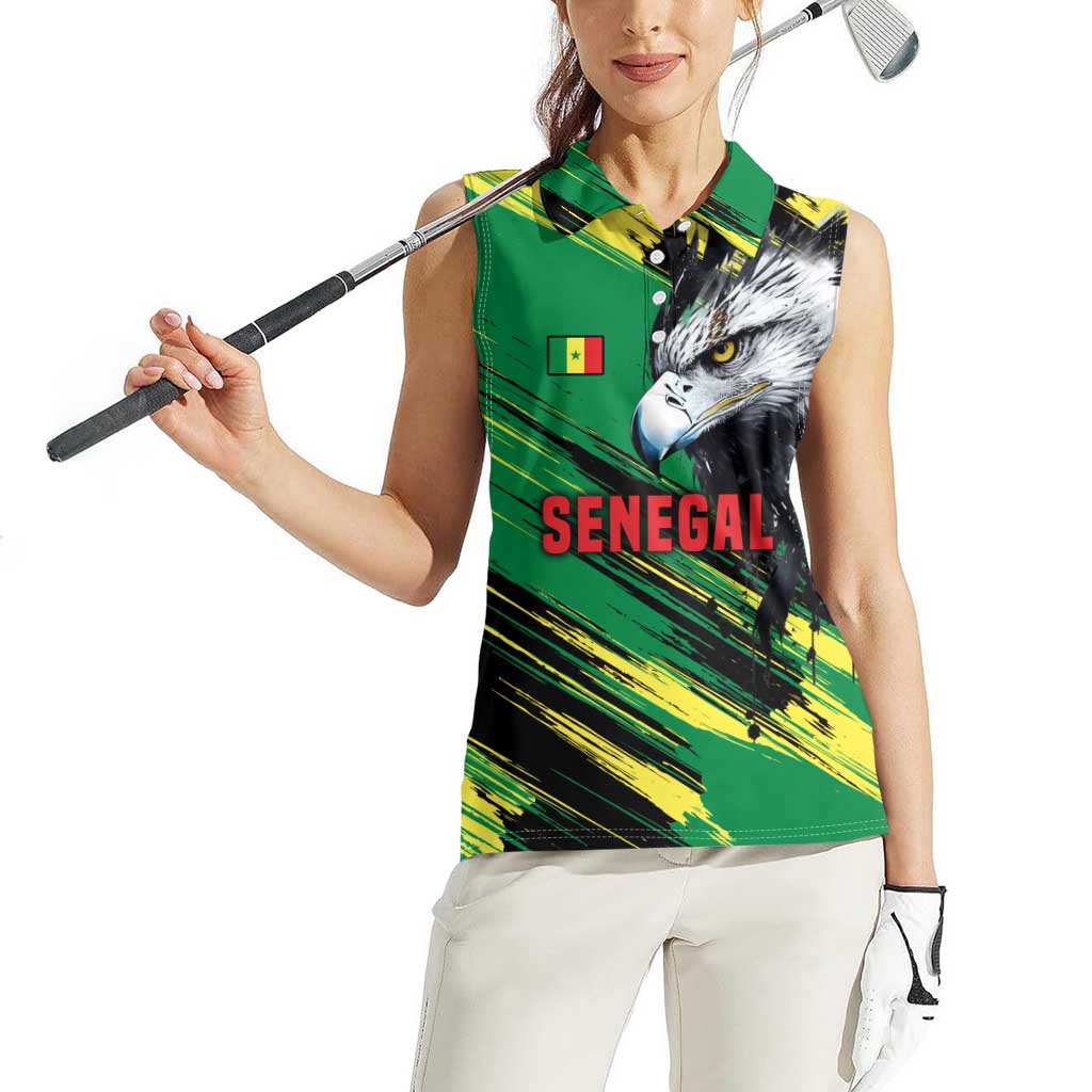Senegal Women Sleeveless Polo Shirt with Bold Eagle Graphic and Brushstroke Flag Colors Design - Wonder Print Shop