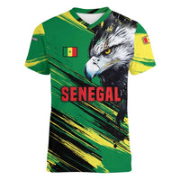 Senegal Women V-Neck T-Shirt with Bold Eagle Graphic and Brushstroke Flag Colors Design - Wonder Print Shop