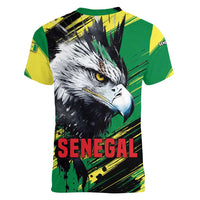 Senegal Women V-Neck T-Shirt with Bold Eagle Graphic and Brushstroke Flag Colors Design - Wonder Print Shop