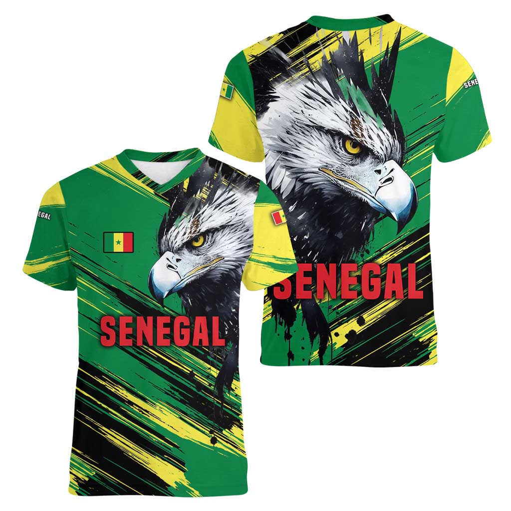 Senegal Women V-Neck T-Shirt with Bold Eagle Graphic and Brushstroke Flag Colors Design - Wonder Print Shop