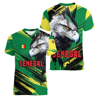 Senegal Women V-Neck T-Shirt with Bold Eagle Graphic and Brushstroke Flag Colors Design - Wonder Print Shop