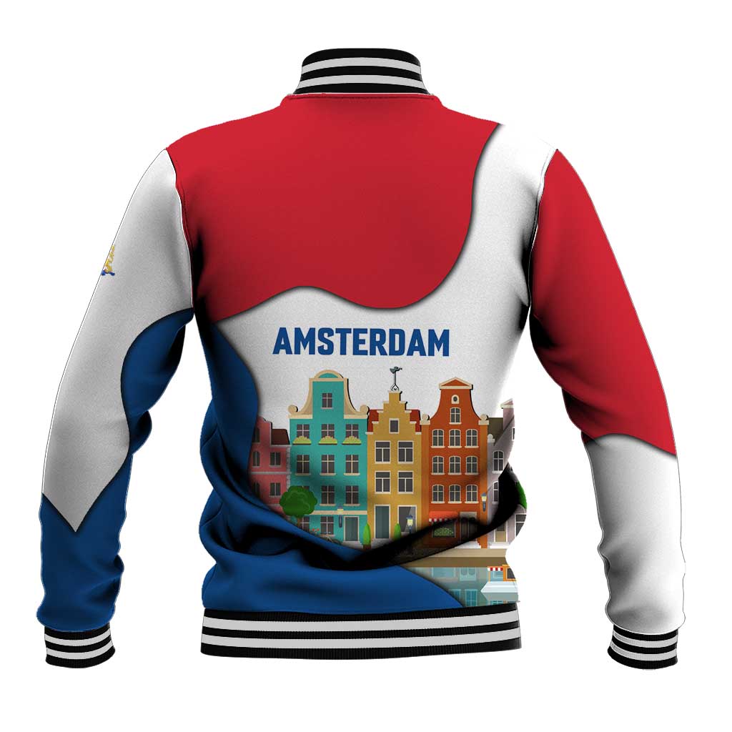 Netherlands Amsterdam Baseball Jacket with Colorful Canal Houses and National Flag Design - Wonder Print Shop