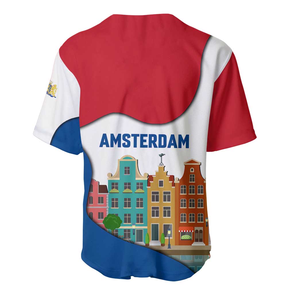 Netherlands Amsterdam Baseball Jersey with Colorful Canal Houses and National Flag Design - Wonder Print Shop