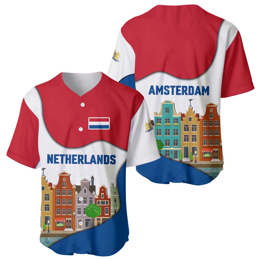 Netherlands Amsterdam Baseball Jersey with Colorful Canal Houses and National Flag Design - Wonder Print Shop
