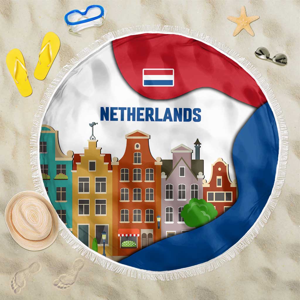 Netherlands Amsterdam Beach Blanket with Colorful Canal Houses and National Flag Design - Wonder Print Shop