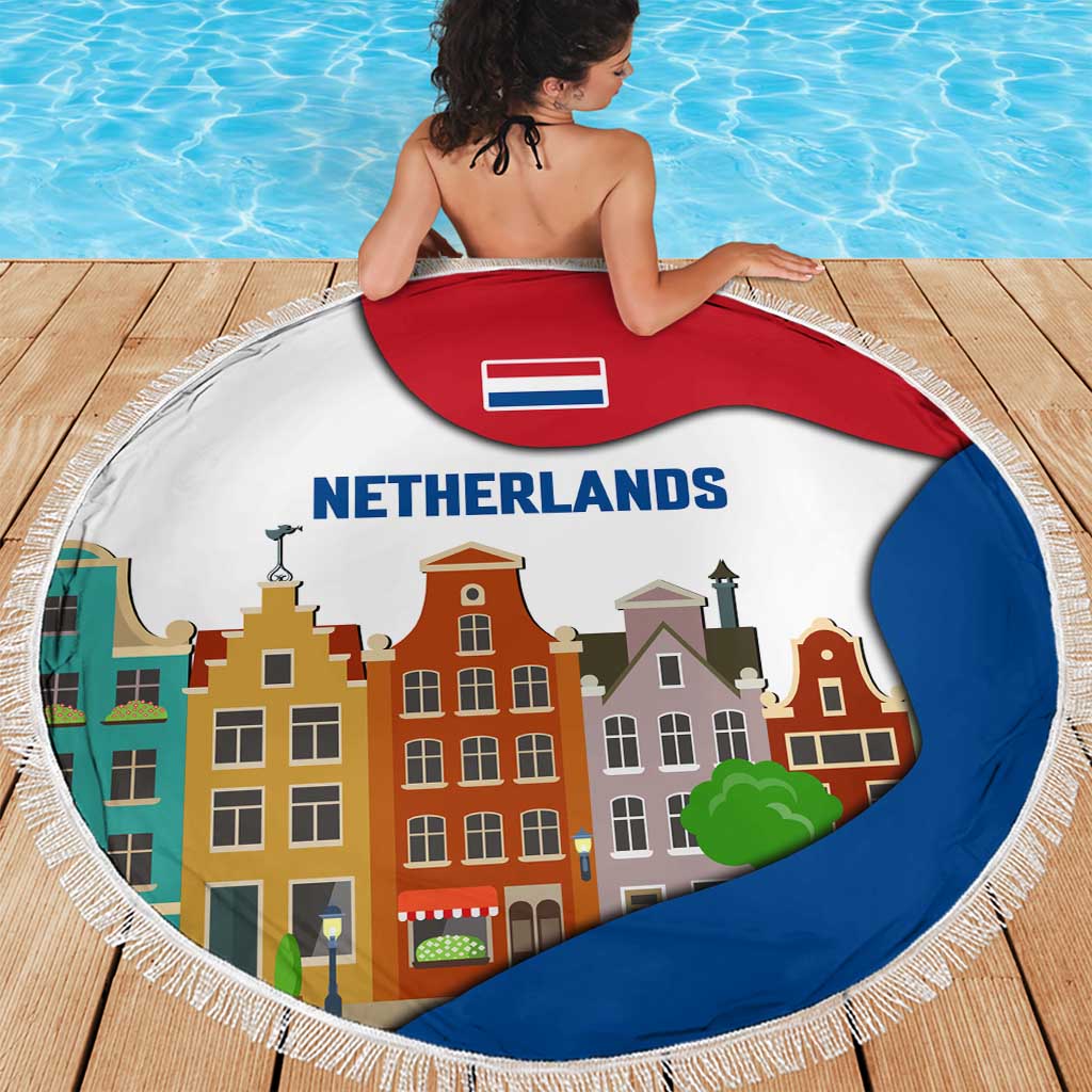Netherlands Amsterdam Beach Blanket with Colorful Canal Houses and National Flag Design - Wonder Print Shop