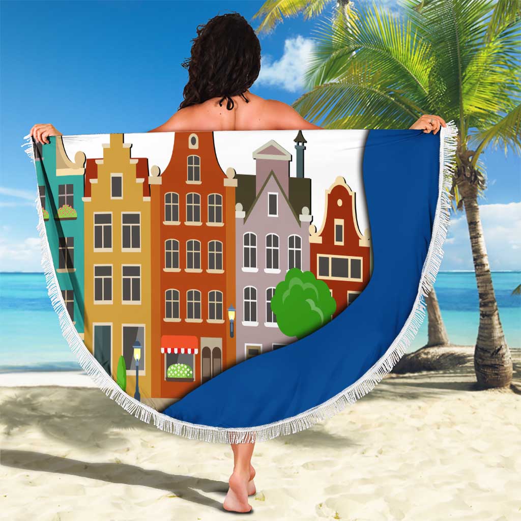 Netherlands Amsterdam Beach Blanket with Colorful Canal Houses and National Flag Design - Wonder Print Shop