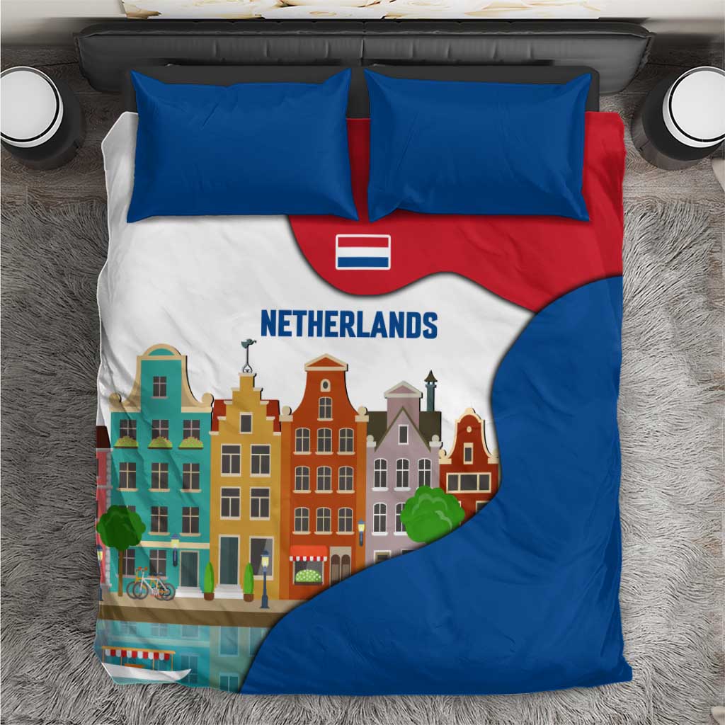 Netherlands Amsterdam Bedding Set with Colorful Canal Houses and National Flag Design - Wonder Print Shop