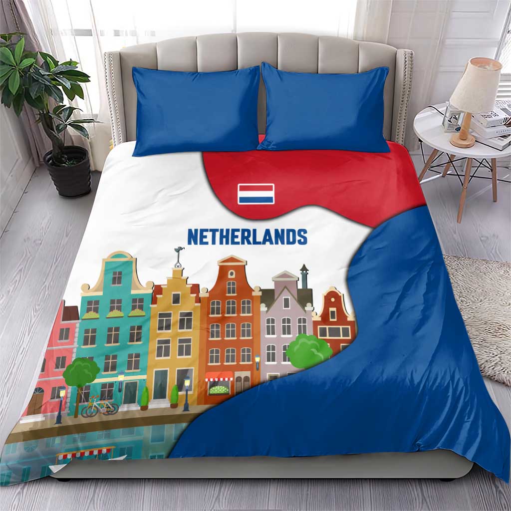 Netherlands Amsterdam Bedding Set with Colorful Canal Houses and National Flag Design - Wonder Print Shop