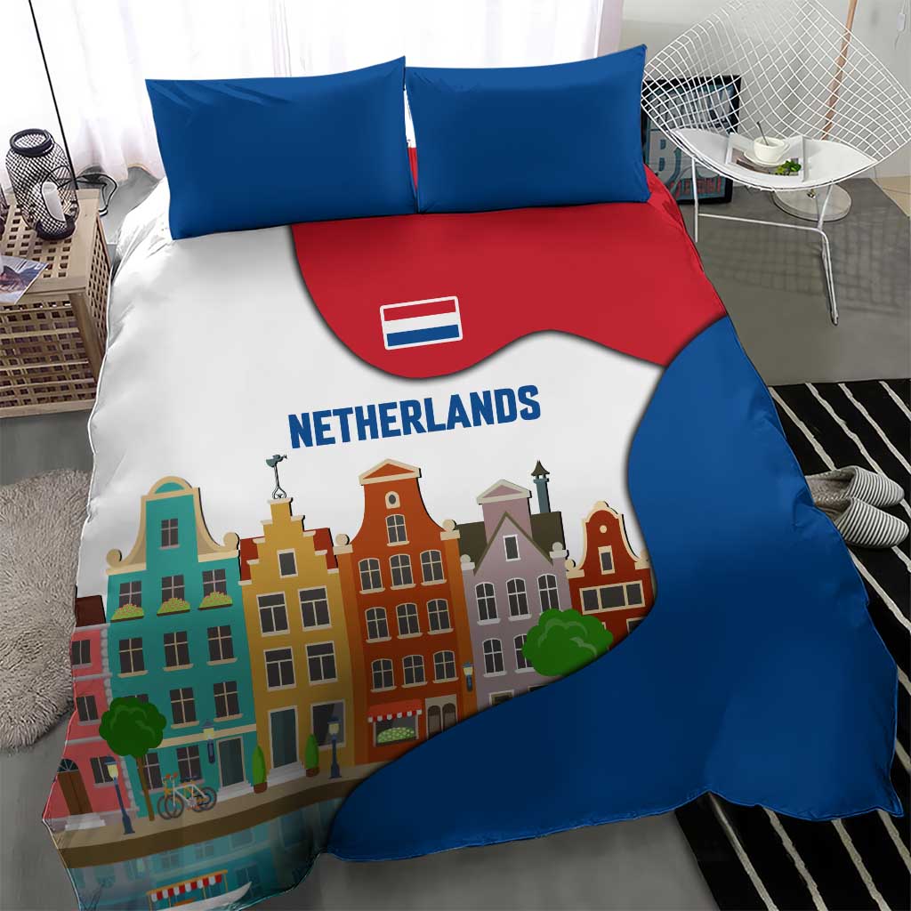 Netherlands Amsterdam Bedding Set with Colorful Canal Houses and National Flag Design - Wonder Print Shop